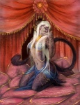 anthro clothed clothing detailed_background ear_piercing female hair jewelry kneeling long_hair looking_at_viewer navel piercing pillow skimpy solo white_hair quirachen felid mammal pantherine 2013