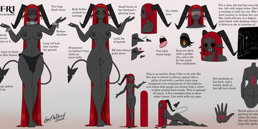 2_horns areola biped black_text blood blood_from_eye bodily_fluids breasts butt ear_piercing ear_ring eye_mask eyebrows eyelashes eyeshadow fangs female genitals hair horn lips lipstick long_hair makeup markings name_drop nipples obscured_eyes open_mouth piercing pointy_ears pose pupils red_hair ring_piercing slit_pupils small_waist solo spade_tail standing tail teeth text tongue tongue_out vulva womb_tattoo yellow_eyes latiar ifri_(latiar) demon humanoid 2026 dated english_text hi_res model_sheet signature