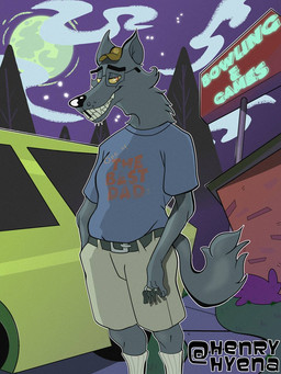 anthro bottomwear bowling car clothing eyewear glasses hat headgear headwear key male moon night plant shorts solo teeth tooth_gap tree vehicle ericphoria henry_hyena canid canine canis mammal wolf 3:4 hi_res