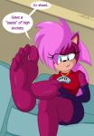 5_toes anthro barefoot black_nose blue_eyes bottomwear breasts clothed clothing dialogue feet female foot_focus furniture hair humanoid_feet jewelry looking_at_viewer necklace pink_hair plantigrade skirt sofa soles solo speech_bubble text toes nasiri_(artist) sega sonic_the_hedgehog_(series) sonic_underground sonia_the_hedgehog eulipotyphlan hedgehog mammal english_text hi_res signature