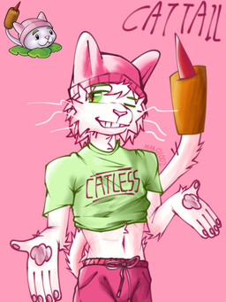 anthro beanie bottomwear clothing eyebrows fur green_clothing green_eyebrows green_eyes green_shirt green_topwear hair hat headgear headwear male pawpads paws pink_beanie pink_clothing pink_hat pink_headwear pink_nose plant red_bottomwear red_clothing red_shorts shirt shorts solo t-shirt tail teeth text text_on_clothing text_on_shirt text_on_topwear topwear whiskers white_body white_fur white_hair white_tail mako114 electronic_arts plants_vs._zombies popcap_games cattail_(pvz) domestic_cat elemental_creature felid feline felis flora_fauna mammal hi_res watermark