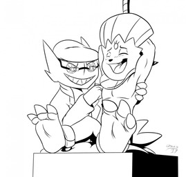 3_toes anthro athletic athletic_anthro athletic_male claws clothing duo eyes_closed eyewear feathers featureless_chest feet glasses hands_behind_head hat head_feathers headgear headwear laugh male open_mouth open_smile pecs raised_arms restrained restraints scarf sitting smile tail tail_feathers teeth tickle_fetish tickle_torture tickling tickling_armpits toe_claws toes tongue chaos99 nintendo pokemon generation_3_pokemon generation_4_pokemon pokemon_(species) sableye weavile 2019 black_and_white hi_res monochrome