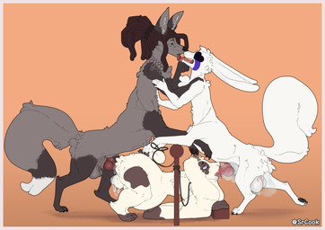 animal_genitalia anthro anthro_on_taur balls big_balls bodily_fluids border bound cum cum_inflation cum_inside dreadlocks french_kissing genital_fluids genitals group inflation kissing knot knotted_penis licking_tongue male male/male musk musky_balls musky_penis oral penis pink_border sheath size_difference sucking tongue trio srcook chrome_(chromethefox) oatnom raidon_chrome canid canid_taur canine canine_taur mammal mammal_taur taur absurd_res hi_res