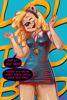 accessory black_nose blonde_hair braces dialogue female fur hair hair_accessory hairband humanoid_hands jewelry laugh lock necklace padlock padlock_necklace solo speech_bubble standing tan_body tan_fur text candybastard krista_blonde bear mammal 2023 english_text hi_res