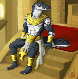 abs ankh anthro armor black_body body_armor bottomwear carpet claws clothing countershade_torso countershading loincloth male markings muscular muscular_male pecs sharp_teeth sitting snout solo spiked_tail spikes spikes_(anatomy) stairs stone_column stone_floor tail teeth toe_claws cultmastersleet dematraxus crocodile crocodilian reptile scalie hi_res watermark
