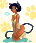 alternate_species bell bell_collar black_hair blush breasts brown_body brown_skin cleavage clothed clothing collar female green_eyes hair heart_symbol kneeling leotard simple_background smile solo katiramoon totally_spies! alex_(totally_spies!) animal_humanoid cat_humanoid felid felid_humanoid feline feline_humanoid humanoid mammal mammal_humanoid 2013 hi_res