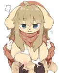 anthro areola big_breasts biped blue_eyes blush blush_lines bodily_fluids bra bra_aside breasts brown_hair cleavage clothed clothing clothing_aside clothing_lift crotch_lines duo ellipsis eyebrow_through_hair eyebrows female first_person_view floppy_ears fluffy fluffy_tail fur hair hand_on_breast hand_on_nipple heart_symbol high-angle_view kemono long_hair lop_ears nipple_fetish nipple_outline nipple_piercing nipple_play nipples offscreen_character onomatopoeia open_mouth piercing pink_areola pink_nipples raised_arm red_clothing red_sweater red_topwear simple_background small_nose sound_effects speech_bubble sweat sweatdrop sweater sweater_lift tail tan_body tan_fur text topwear translucent translucent_hair underwear underwear_aside white_background white_bra white_clothing white_underwear ookm canid canine canis domestic_dog mammal 2024 japanese_text