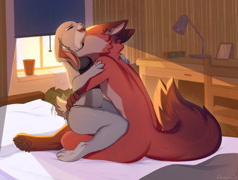 anthro bed bedroom bite black_clothing black_crop_top black_panties black_shirt black_topwear black_underwear breasts brown_pawpads buckteeth butt cheek_tuft clothed clothing crop_top duo eyelashes eyes_closed facial_tuft fangs female furniture hand_on_another's_shoulder hand_on_shoulder happy hug inside interspecies lamp love_bite male male/female medium_breasts neck_bite nude_male on_bed open_mouth open_smile panties pantsless_female pawpads paws pillow shirt sitting sitting_on_another size_difference smaller_female smile snout table tail tail_motion tailwag teeth topwear tuft underwear window chibichu~ disney zootopia judy_hopps nick_wilde canid canine fox lagomorph leporid mammal rabbit red_fox true_fox colored digital_drawing_(artwork) digital_media_(artwork) hi_res shaded