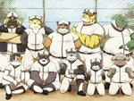 anthro baseball_(sport) baseball_uniform belly bottomwear brown_body brown_fur clothing detailed_background eyes_closed eyewear fur green_body grey_body grey_fur group kemono male outside overweight overweight_male pants shirt sitting sport sportswear sunglasses topwear uniform yellow_body yellow_fur emufu bear canid canine canis domestic_cat domestic_dog felid feline felis mammal pantherine raccoon_dog tanuki tiger 2014