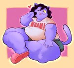 2024 anarchoblues anthro belly better_version_at_source black_hair blep bottomwear breasts catty_(undertale) cellulite clothed clothing crossed_feet cutoffs denim denim_bottomwear denim_clothing domestic_cat double_chin fat_arms felid feline felis female footwear full-length_portrait fur hair hand_on_leg hand_on_thigh heart_symbol hi_res huge_thighs mammal obese obese_anthro obese_female one_eye_closed overweight overweight_anthro overweight_female portrait pupils purple_body purple_fur shirt shoes shorts simple_background sitting slippers slit_pupils small_breasts solo tail text text_on_clothing text_on_shirt text_on_topwear thick_thighs three-quarter_view tongue tongue_out topwear undertale_(series) wink