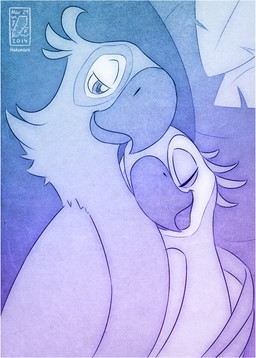 beak canon_couple countershade_face countershading duo eyes_closed feathered_wings feathers female feral half-closed_eyes head_feathers hug husband_and_wife male married_couple narrowed_eyes toony wings hakunaro 20th_century_fox blue_sky_studios rio_(series) blu_(rio) jewel_(rio) avian bird macaw neotropical_parrot parrot spix's_macaw true_parrot 2014