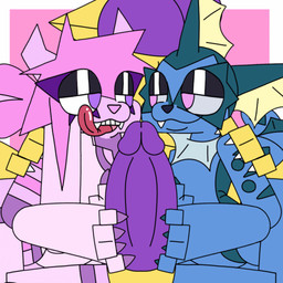 anthro claws double_handjob female group hand_on_shoulder handjob licking licking_lips male male/female penile sex teeth tongue tongue_out trio theenyface mythology nintendo pokemon butters_(theenyface) showers_the_vaporeon domestic_cat dragon eeveelution felid feline felis generation_1_pokemon mammal mythological_creature mythological_scalie pokemon_(species) scalie vaporeon 1:1 animated