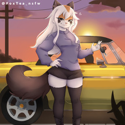 anthro black_clothing black_legwear black_stockings bottomwear car clothing female fluffy fluffy_tail legwear looking_at_viewer miniskirt skirt smile smiling_at_viewer solo standing stockings sunset sweatshirt tail thick_thighs thigh_highs vehicle white_body foxtea felid mammal 1:1 hi_res