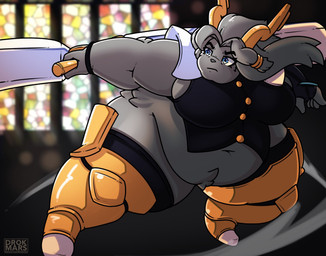 action_pose alternate_body_type anthro antlers armor big_breasts black_clothing black_shirt black_topwear blue_eyes breasts clothing eyelashes female fingerless_gloves fur gloves grey_body grey_fur handwear hooves horn navel obese overweight pauldron pose shirt solo stained_glass_window thick_thighs topwear weapon drokmars pseudoregalia sybil_(pseudoregalia) bovid caprine lagomorph mammal 2024 hi_res