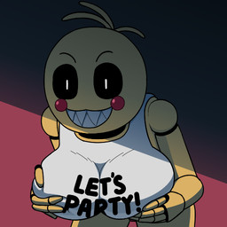 anthro beakless bib black_sclera breasts female fondling grin holding_breast looking_at_another machine self_fondle sharp_teeth simple_background smile solo teeth text white_eyes yellow_body wtperv five_nights_at_freddy's five_nights_at_freddy's_2 mega_milk scottgames toy_chica_(fnaf) animatronic avian bird chicken galliform phasianid robot 1:1 2026 colored english_text meme shaded tagme