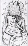 ambiguous_gender anthro blush cutting from_behind_position knife knife_play looking_pleasured mostly_nude scan sex shaking shivering sitting smile solo text halvid9508 hal_(halvid9508) felid lion mammal pantherine english_text sketch traditional_media_(artwork)