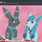 2019 collar darknsfwindie duo eating eeveelution english_text fan_character female feral food freya_howell furniture generation_2_pokemon generation_4_pokemon glaceon hi_res holidays kaz_mercais male nintendo pasta pokemon pokemon_(species) pokemon_mystery_dungeon scarf scene_parody shiny_pokemon simple_background spaghetti spike_chunsoft table text umbreon valentine's_day wanderlust