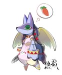 anthro apron carrot clothing food fur green_eyes hair_tassels male plant purple_body purple_fur solo tassels thinking thought_bubble thoughtful_expression vegetable wings youzaiyouzai112 bandai_namco digimon anubismon digimon_(species) hi_res