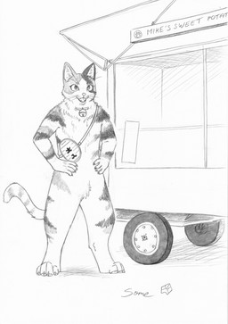 anthro bag bell bell_collar claws collar commercial_vehicle delivery_(commerce) delivery_vehicle food_truck fur hands_on_hips male medium_truck multi-stop_van open_mouth smile solo standing tail tire truck van vehicle whiskers some_(someone) yamada_mike domestic_cat felid feline felis mammal absurd_res graphite_(artwork) hi_res monochrome traditional_media_(artwork)