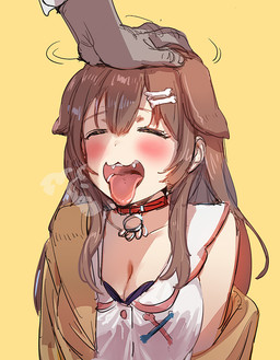accessory bangs blush breasts breath brown_hair cleavage clothed clothing collar eyebrows eyelashes eyes_closed fangs female hair hair_accessory hand_on_head human_and_animal_ears multi_ear off_shoulder open_mouth petting solo teeth tongue tongue_out bow_(artist) hololive vtuber inugami_korone animal_humanoid canid canid_humanoid canine canine_humanoid dog_humanoid humanoid mammal mammal_humanoid 2020