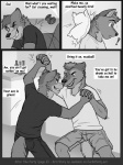 3:4 anthro canid canine canis clothing comic dialogue domestic_dog duo english_text greyscale grin jackaloo male male/male mammal monochrome pillow smile text wolf wrestling