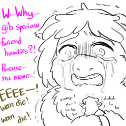 ambiguous_gender bodily_fluids color_coded_text crying dialogue duo female female_feral feral hair holding_baby neonate open_mouth shocked tears text tremble_lines young young_ambiguous young_feral yellowcottoncandy030 fluffy_pony fluffy_pony_(species) mammal 1:1 2025 broken_language comic digital_drawing_(artwork) digital_media_(artwork) english_text hi_res