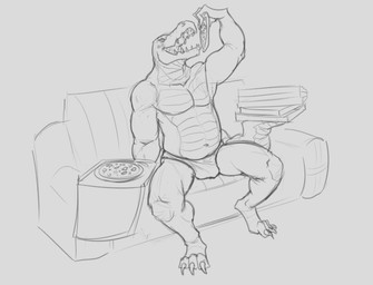 anthro belly big_belly bulge claws clothed clothing food furniture holding_food holding_object holding_pizza male male_anthro muscular muscular_anthro muscular_male narrowed_eyes on_sofa open_mouth overweight overweight_anthro overweight_male pecs pizza sitting sofa solo spread_legs spreading toe_claws topless aduran crocodile crocodilian reptile scalie hi_res monochrome sketch