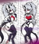 anthro butt butt_from_the_front clothing dakimakura eyebrow_piercing eyebrow_ring facial_piercing female female_anthro fur legwear lying on_back on_side panties pawpads paws piercing red_sclera ring_piercing solo thigh_highs toeless_legwear underwear white_body white_fur centinel303 helluva_boss mythology loona_(helluva_boss) canid canid_demon canine demon hellhound mammal mythological_canine mythological_creature 2024 dakimakura_design hi_res