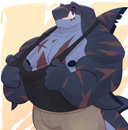 anthro black_clothing black_nipples black_sclera black_shirt black_topwear bottomwear clothing clothing_pull dorsal_fin elbow_fin fangs fin gills grey_body male musclegut muscular muscular_anthro muscular_arms muscular_male nipples non-mammal_nipples orange_eyes pecs scar scars_all_over shirt shirt_pull smile solo tail tank_top teeth topwear topwear_pull same22shark nelson_(same22shark) aquatic fish shark 2022 digital_media_(artwork) hi_res