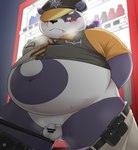 anthro balls belly blush bodily_fluids bottomwear censor_bar clothing cute_fangs fangs flaccid genitals hat headgear headwear ineffective_censorship kemono male navel necktie overweight overweight_male pants penis police police_badge police_baton police_hat purple_body shirt small_penis solo_focus sweat teeth topwear vending_machine white_body bake_gosut lifewonders tokyo_afterschool_summoners alp_(tas) bear giant_panda mammal 2021 censored hi_res