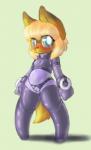 anthro big_eyes blonde_hair blue_eyes blush camel_toe clothing female fur hair latex latex_clothing latex_skinsuit looking_at_viewer rubber_clothing simple_background skinsuit solo spread_legs spreading standing tight_clothing yellow_body yellow_fur sorrynothing canid canine mammal hi_res