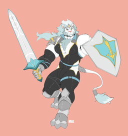 5_fingers anthro biped bulge fingers fur green_eyes heterochromia holding_melee_weapon holding_object holding_shield holding_sword holding_weapon male melee_weapon muscular muscular_anthro muscular_male pecs shield solo sword tail tail_tuft tuft weapon white_body white_fur mal_lock arthur_(mal_lock) felid lion mammal pantherine absurd_res hi_res