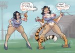 anthro asymmetrical_transformation bent_over black_hair bleachers bottomwear breast_expansion breasts camel_toe clothed clothing dialogue ear_piercing expansion female fully_clothed fur fur_growth growth hair human_to_anthro lips mature_female nipple_slip orange_body orange_fur pants piercing shirt solo species_transformation speech_bubble striped_body striped_fur stripes text topwear transformation wardrobe_malfunction whiskers beingobscene felid human mammal pantherine tiger absurd_res english_text hi_res url