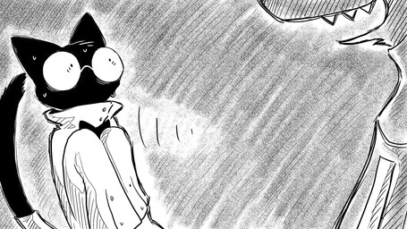 ambiguous_gender anthro bodily_fluids bow_tie cape clothing coat duo lab_coat male ominous scared smile sweat text topwear dragonweirdo gytras_(dragonweirdo) kimera_(dragonweirdo) canid canine canis domestic_cat felid feline felis mammal wolf 16:9 comic english_text hi_res monochrome widescreen