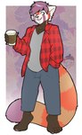 anthro blue_bottomwear blue_clothing blue_jeans blue_pants bottomwear clothing coffee_cup container cup denim denim_bottomwear denim_clothing jeans male pants pose solo nut-case rustypawz ailurid mammal red_panda hi_res nonbinary_(lore)