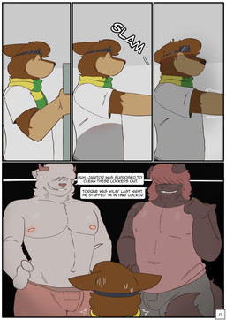 anthro bodily_fluids brown_body brown_fur bulge clothed clothing dialogue evil_grin facial_piercing flight_goggles fur grin hair hair_over_eye hands_on_hips horn imminent_death imminent_rape imminent_sex larger_male locker_room looking_at_another looking_down looking_up male muscular muscular_anthro muscular_male navel nervous nipples nose_piercing nose_ring page_number pecs piercing pupils ring_piercing scared scarf shaking shirt size_difference slamming small_pupils smaller_male smile speech_bubble sweat sweatdrop t-shirt tank_top text topless topwear white_body white_fur ferrx strays_in_paradise li'l_melon bovid bovine canid canine canis cattle domestic_dog mammal wolf absurd_res comic english_text hi_res