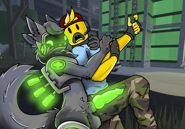 4_ears animal_genitalia animal_penis anthro balls bottomwear camo camo_bottomwear camo_clothing camo_print canine_genitalia canine_penis clothing duo electronics forced genitals glowing glowing_genitalia hair hat headgear headphones headset headwear hug hugging_another hugging_from_behind humanoid_on_anthro knot machine male male/male male_anthro male_humanoid multi_ear pattern_bottomwear pattern_clothing penis sheath shocked tail yellow_body cheesy_yote project_transfur roblox noob_(roblox) humanoid protogen robloxian digital_media_(artwork)
