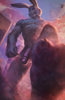 5_fingers anthro balls blood blue_eyes bodily_fluids building city claws cloud crescent_moon fingers fist genitals gore looking_at_viewer looking_down looking_down_at_viewer macro male moon muscular muscular_anthro muscular_male penis sky skyscraper sunset toe_claws vein veiny_penis forbiddendraws lagomorph leporid mammal rabbit 2023 hi_res signature