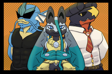anthro black_border bodyguard border clothed clothing female front_view group looking_at_viewer male male/female pattern_background pokemon_type_symbol pose simple_background trio arantiguerking mythology nintendo pokemon pokemon_legends_z-a aquatic canid dragon garchomp generation_1_pokemon generation_4_pokemon generation_9_pokemon gyarados mammal mega_evolution mega_lucario_z mythological_creature mythological_scalie pokemon_(species) scalie digital_media_(artwork) half-length_portrait portrait shaded simple_shading