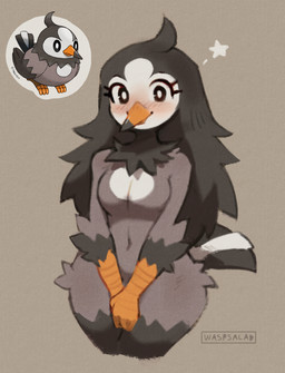 anthro anthrofied beak blush breasts featureless_breasts female fingers front_view grey_body grey_hair grey_tail hair looking_at_viewer navel non-mammal_breasts non-mammal_navel nude nude_anthro nude_female pokemorph scuted_arms scutes simple_background small_breasts smile solo standing tail thick_thighs wide_hips waspsalad nintendo pokemon generation_4_pokemon pokemon_(species) starly 2025 digital_drawing_(artwork) digital_media_(artwork) hi_res