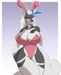 anthro big_breasts big_butt blue_eyes breasts bunny_costume butt clothed clothing costume fake_ears fake_rabbit_ears female hair hand_on_breast huge_breasts looking_at_viewer simple_background smile solo white_hair kida_howlette kida_howlette_(character) canid canine canis mammal wolf absurd_res digital_media_(artwork) hi_res