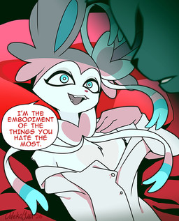 blue_eyes clothed clothing dialogue duo fur lying male open_mouth red_nose shirt speech_bubble text topwear unbuttoned_shirt unbuttoned_topwear white_body white_fur odeko-yma nintendo pokemon pokemon_mystery_dungeon spike_chunsoft lucky_(odeko-yma) pix_(odeko-yma) eeveelution generation_2_pokemon generation_6_pokemon pokemon_(species) sylveon umbreon 2026 absurd_res dated digital_media_(artwork) english_text hi_res signature