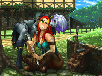 armband backpack bite blush boots bottomwear bracelet breasts cleavage clothed clothing crop_top detailed_background duo ear_bite female female/female footwear green_eyes grey_body grey_hair grey_skin grimace hair highlights_(coloring) humanoid_on_humanoid humanoid_pointy_ears jewelry loincloth melee_weapon midriff not_furry one_eye_closed orange_highlights outside pants playful pointy_ears purple_eyes purple_highlights red_hair shirt shoes sitting surprised sword text thong thong_straps topwear underwear weapon ronindude drow elf humanoid 2015 4:3 absurd_res hi_res url