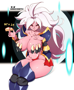 big_breasts bodily_fluids breasts clothing female humanoid_pointy_ears lactating legwear not_furry panties pink_body pink_skin pointy_ears solo thigh_highs underwear lunaexhibitix dragon_ball dragon_ball_fighterz android_21 majin_android_21 alien alien_humanoid humanoid majin hi_res signature