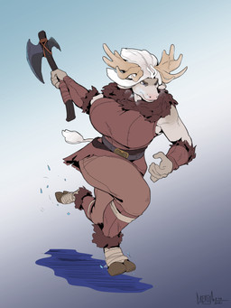 5_fingers anthro antlers axe belt big_breasts breasts breath clothed clothing feet female fingers foot_wraps fur hair holding_axe holding_object hooves horn huge_breasts humanoid_hands melee_weapon running solo thick_thighs warrior weapon white_body white_fur white_hair wraps mainlinemojo blizzard_entertainment warcraft lennanlian_smokeleaf_(cryptozoo) bovid bovine highmountain_tauren mammal tauren 2021 3:4 absurd_res hi_res signature