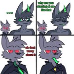 anthro dialogue duo ellipsis food fur green_eyes green_teeth grey_body grey_fur horn male male/male popsicle red_eyes teeth text jaybeyyy canid canine fox mammal 1:1 2021 comic english_text hi_res