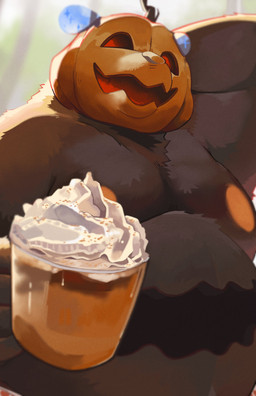 anthro areola autumn belly belly_mouth beverage big_belly big_moobs bottomwear clothed clothing coffee container cream_(food) cup dairy_products food for_a_head fruit fur glass glass_container glass_cup hand_behind_head holding_beverage holding_container holding_cup holding_object holidays jack-o'-lantern looking_at_viewer male moobs nipple_eyes nipples open_mouth open_smile overweight overweight_anthro overweight_male plant pumpkin pumpkin_head pumpkin_spice_(food) pumpkin_spice_latte smile solo standing thick_arms topless topless_anthro topless_male tuft whipped_cream unatazaamarilla halloween mammal monster object_head 2025 absurd_res hi_res