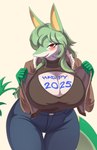 anthro big_breasts biped blush bottomwear breasts cleavage clothed clothing eyelashes female front_view hair pants pupils shirt simple_background smile solo thick_thighs topwear son2j nintendo pokemon generation_5_pokemon pokemon_(species) serperior absurd_res hi_res