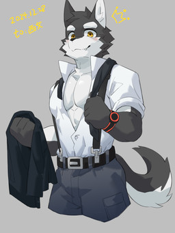 abs anthro black_body black_fur bottomwear clock clothed clothing collared_shirt dress_shirt fur hair looking_at_viewer male multicolored_body multicolored_fur muscular muscular_male open_clothing open_shirt open_topwear overall_pants pants pecs shirt smile solo standing topwear two_tone_body two_tone_fur watch yellow_eyes joeyzliaotang canid canine canis domestic_dog mammal 3:4 absurd_res hi_res