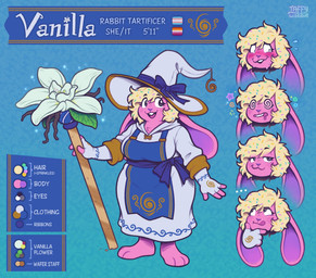anthro apron barefoot blonde_hair blue_apron blue_background blue_clothing blush breasts buckteeth clothing dress feet female fingerless_gloves flower gloves hair handwear hat headgear headwear holding_object holding_staff lesbian_pride_colors lgbt_pride looking_aside looking_up pink_body plant pride_colors simple_background smile solo spiral spiral_eyes staff standing teeth transgender_pride_colors witch_hat taffywabbit vanilla_(rescuerabbit) lagomorph leporid mammal rabbit 2025 digital_media_(artwork) hi_res model_sheet trans_(lore) trans_woman_(lore)